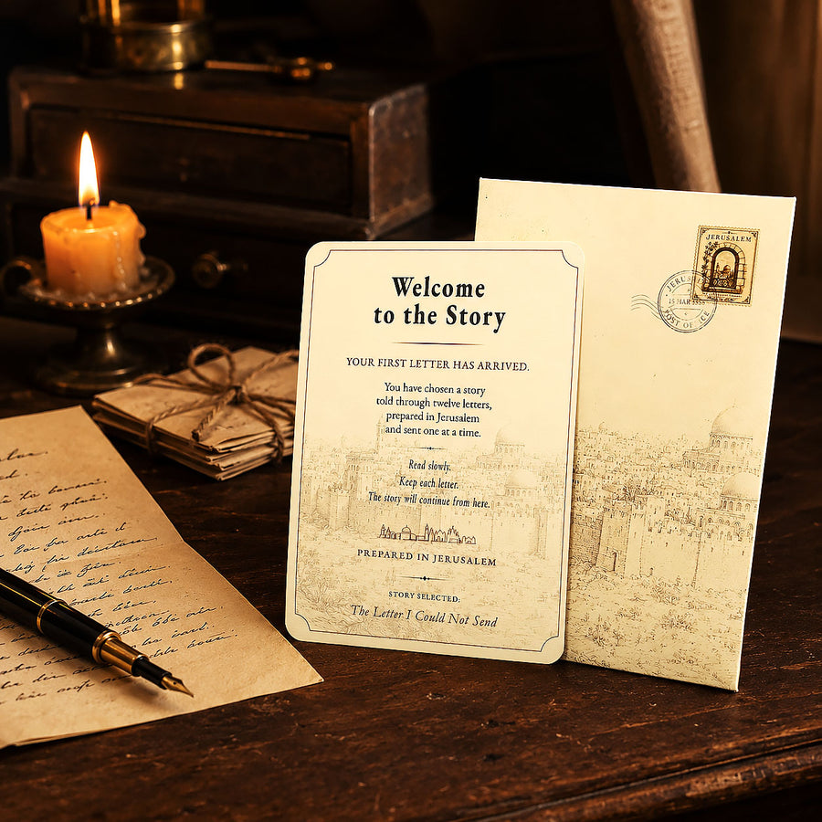 The Jerusalem Letters envelope beside a handwritten letter and fountain pen for The Letter I Could Not Send