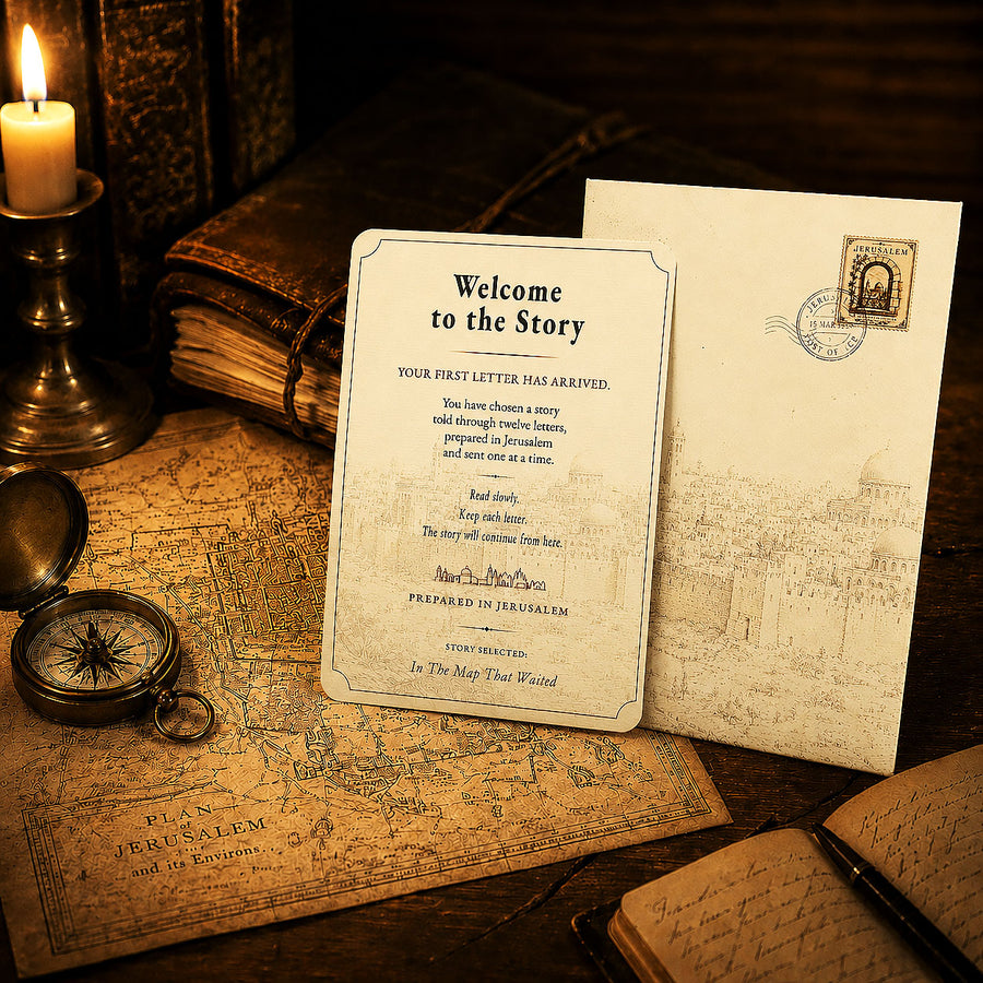 The Jerusalem Letters envelope with an old map and compass for The Map That Waited