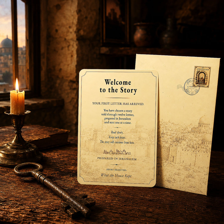 The Jerusalem Letters envelope with an old key and house plan for What the House Kept