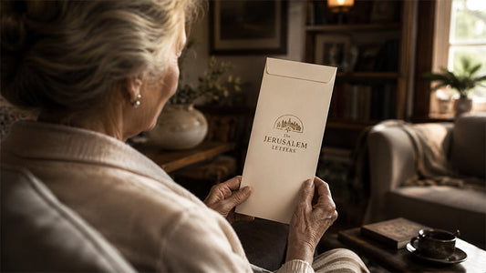 Elderly woman holding a The Jerusalem Letters envelope in a cozy room, receiving a meaningful Grandparents Day letter gift.