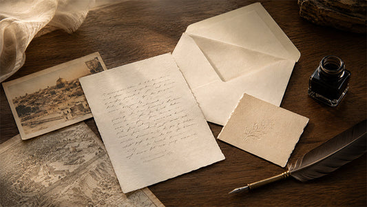 Personal keepsakes including a letter, envelope, card, old map fragment, and small meaningful objects on a quiet table