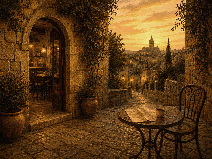 Quiet Jerusalem cafe terrace with a round table, folded map, coffee cup, and empty chair near a stone arch entrance.