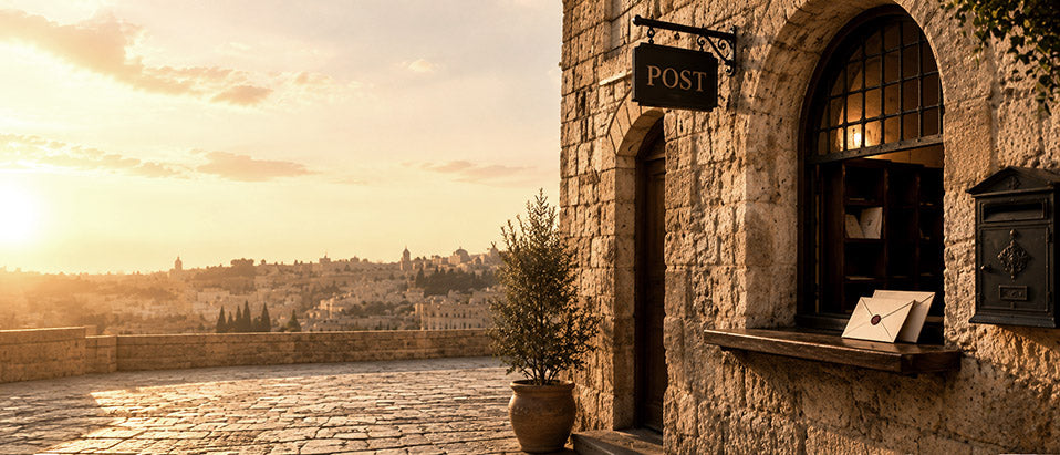 Watercolor illustration of an old Jerusalem postal window with envelopes, mailbox, and warm stone street