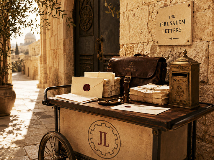 Vintage postal cart with sealed letters and paper bundles in a Jerusalem stone alley