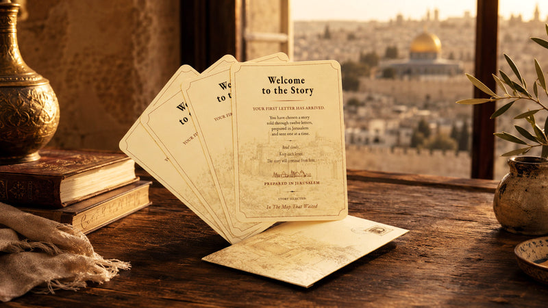 The Jerusalem Letters envelope beside story selection cards on a warm wooden table