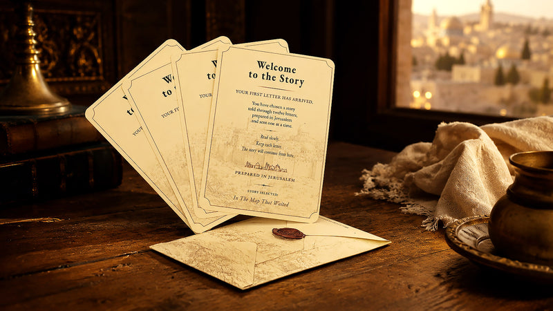 The Jerusalem Letters envelope beside story selection cards on a warm wooden table