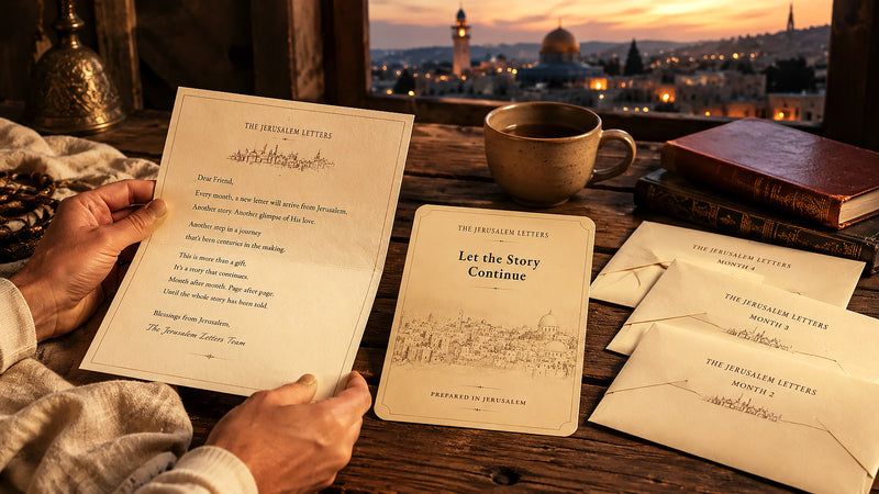 A person holding The Jerusalem Letters envelope after receiving the first story letter