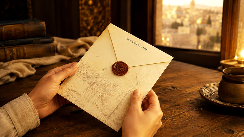 A person holding The Jerusalem Letters envelope after receiving the first story letter