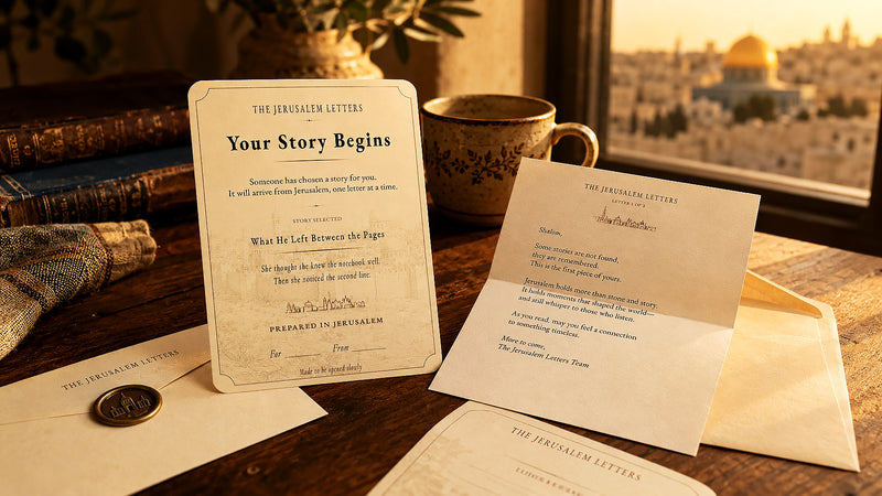 The Jerusalem Letters envelope, story pages, and keepsake cards arranged for a year-long letter subscription