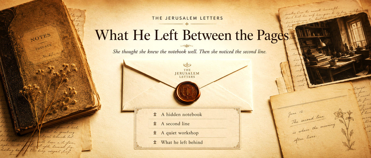 A centered Jerusalem Letters envelope with notebook pages and handwritten paper details for the story What He Left Between the Pages.