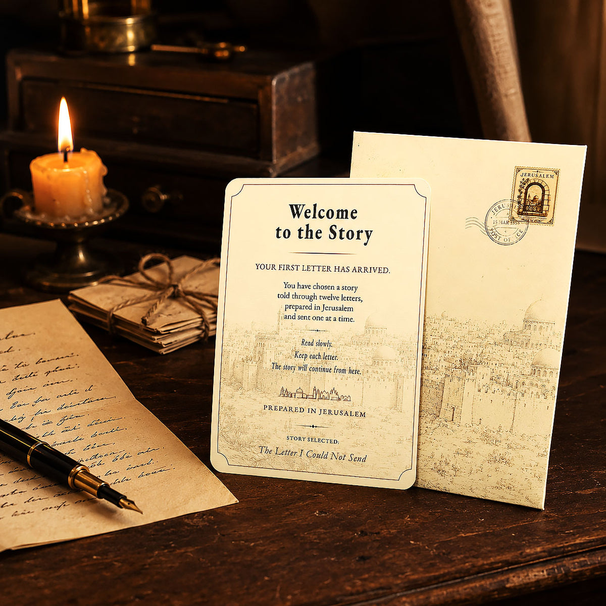 The Jerusalem Letters envelope beside a handwritten letter and fountain pen for The Letter I Could Not Send