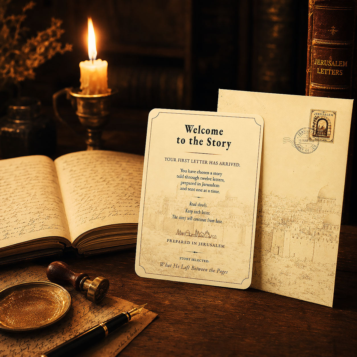 The Jerusalem Letters envelope beside an open book and a handwritten note for What He Left Between the Pages