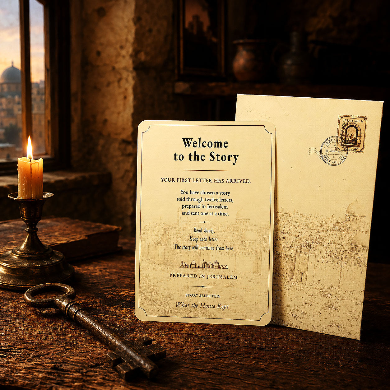 The Jerusalem Letters envelope with an old key and house plan for What the House Kept